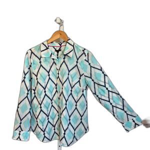 Talbots Blouse Geometric Pattern Medium Classic Cottage Core Button Down Cotton